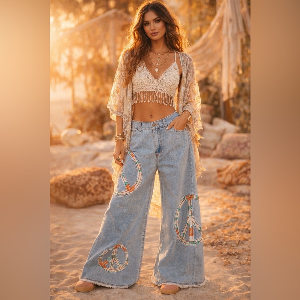 🆕 POL Wide-Leg Denim Peace Jeans Light Blue Flare Jeans with Floral Patches